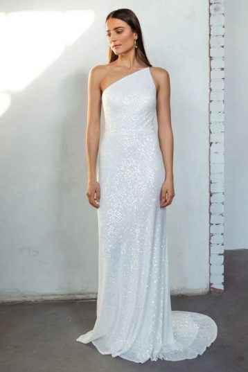 Jenny Yoo Zara one-shoulder sequin gown, White