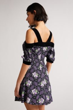 Ted Baker LEILIA Cold shoulder mini dress Black Purple Multi