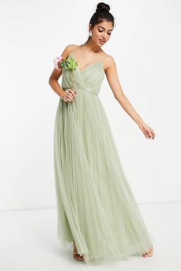 ASOS DESIGN Bridesmaid cami pleated tulle maxi dress in sage green