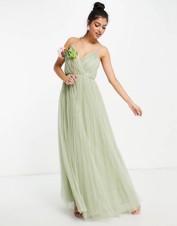 ASOS DESIGN Bridesmaid cami pleated tulle maxi dress in sage green