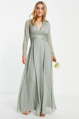 ASOS DESIGN Bridesmaid ruched waist maxi dress long sleeves pleat skirt olive green