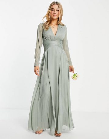 ASOS DESIGN Bridesmaid ruched waist maxi dress long sleeves pleat skirt olive green