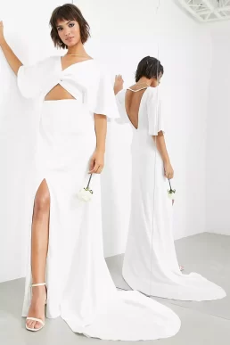 ASOS EDITION Emma satin flutter sleeve wedding dress with twist front Ivory