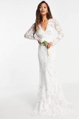 ASOS EDITION Ivy plunge wedding dress long sleeve in floral embellishment Ivory