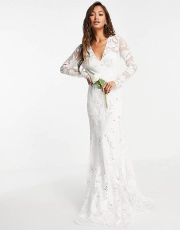 ASOS EDITION Ivy plunge wedding dress long sleeve in floral embellishment Ivory