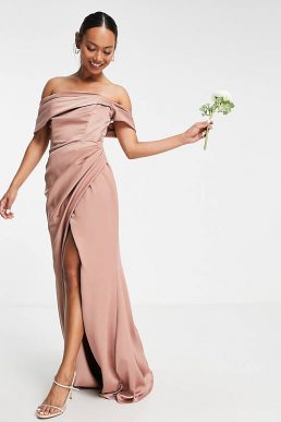 ASOS EDITION satin bardot drape wrap maxi dress in cinnamon rose