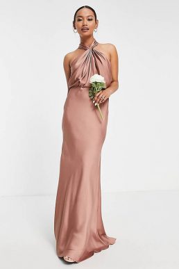 ASOS EDITION satin ruched halter neck maxi dress in cinnamon rose