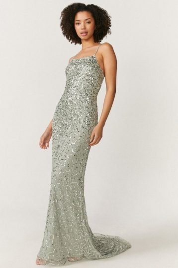 Coast All Over Sequin Cross Over Back Maxi Dress Sage Green