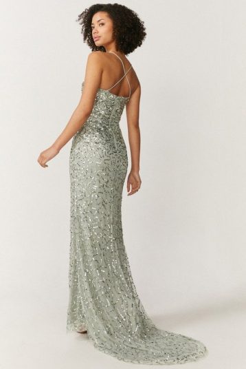 Coast All Over Sequin Cross Over Back Maxi Dress Sage Green