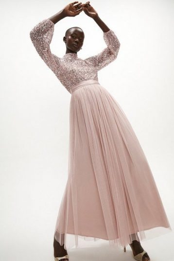 Coast High Neck Sequin Bodice Maxi Dress Blush pink