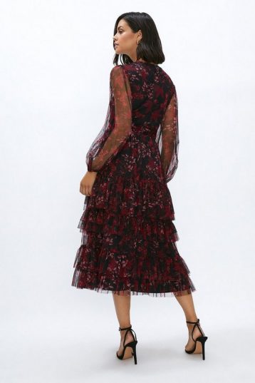 Coast Printed Mesh Tiered Long Sleeve Midi Dress Purple Multi