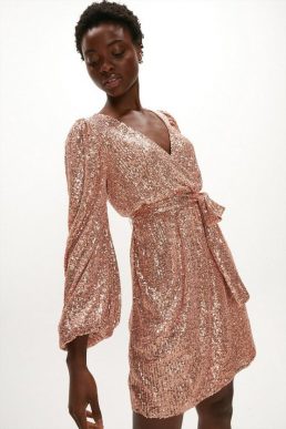 Coast Sequin Low V Neck Dress Rose Gold Blush