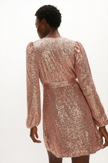 Coast Sequin Low V Neck Dress Rose Gold Blush