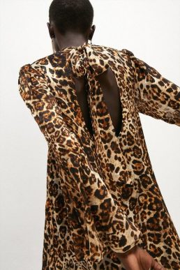 Coast Textured Leopard Flute Sleeve Dress Leopard Beige