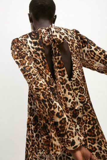 Coast Textured Leopard Flute Sleeve Dress Leopard Beige