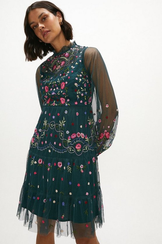 Embroidered Long Sleeve Mini Dress