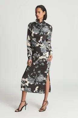 Reiss Theresa Floral Print High Neck Midi Dress Blue Multi