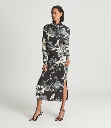 Reiss Theresa Floral Print High Neck Midi Dress Blue Multi