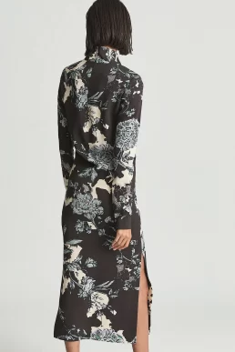 Reiss Theresa Floral Print High Neck Midi Dress Blue Multi