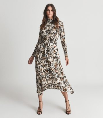 Reiss Bobby floral printed midi dress Brown Cream Neutral