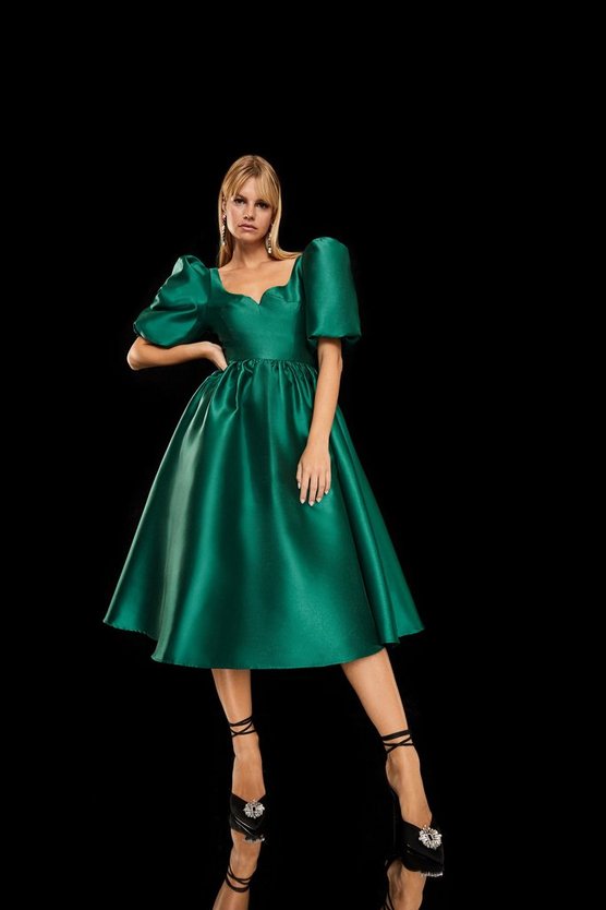 Puff Sleeve Full Skirt Midi Dress