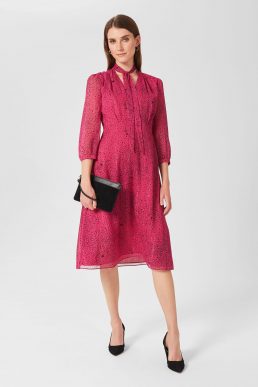 Hobbs Maxine Long Sleeve Print Neck Tie Dress Pink Black