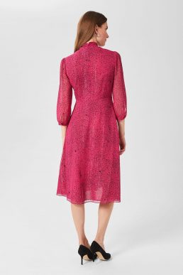 Hobbs Maxine Long Sleeve Print Neck Tie Dress Pink Black