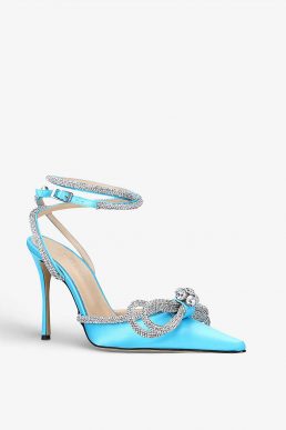 MACH & MACH Double Bow crystal-embellished satin heeled sandals Blue