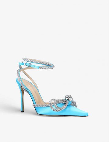 MACH & MACH Double Bow crystal-embellished satin heeled sandals Blue