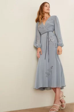 Monsoon Gracie embroidered wrap dress in recycled fabric grey