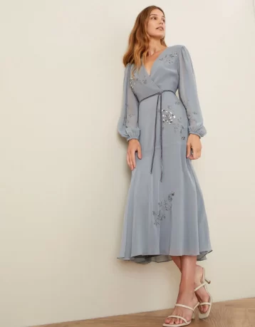 Monsoon Gracie embroidered wrap dress in recycled fabric grey