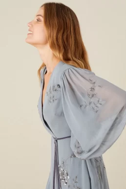 Monsoon Gracie embroidered wrap dress in recycled fabric grey