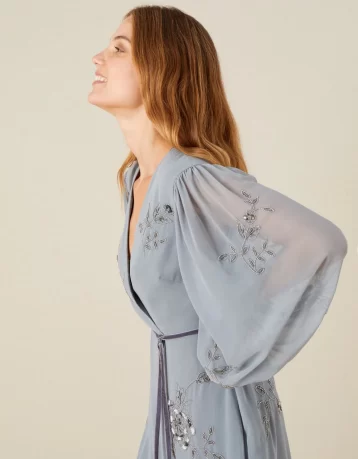 Monsoon Gracie embroidered wrap dress in recycled fabric grey