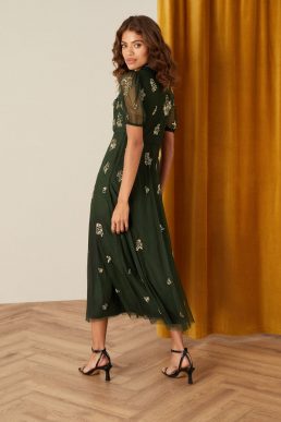 Monsoon Lauren embellished tea dress green