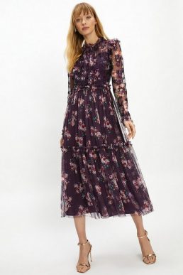 Coast High Neck Floral Long Sleeve Midaxi Dress Purple Multi