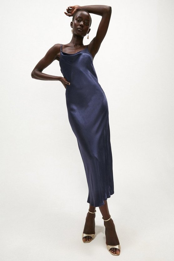 Satin Cowl Neck Midi Dress