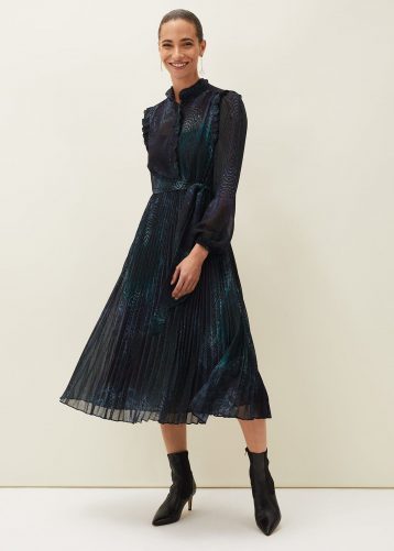 Phase Eight Camina Snake Print Pleated Dress Black Multi