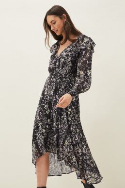 Phase Eight Daphne Floral Wrap Midi Dress Black White Multi