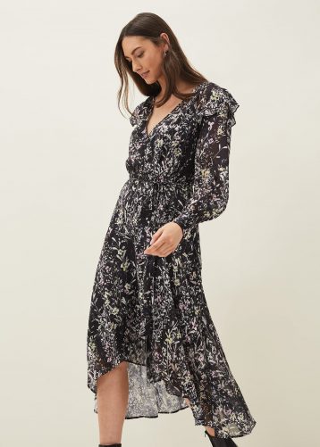 Phase Eight Daphne Floral Wrap Midi Dress Black White Multi