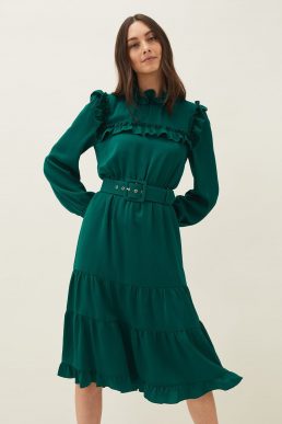 Phase Eight Olive Frill Tiered Dress Green