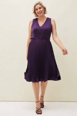 Phase Eight Primrose Pleated V-Neck Dress Aubergine Purple