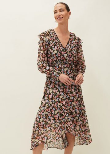 Phase Eight Sadie Floral Chiffon V-Neck Midi Dress Multi black