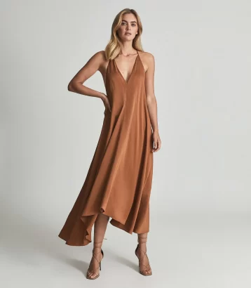 Reiss Mabel Plunge Neck Maxi Dress Caramel Brown