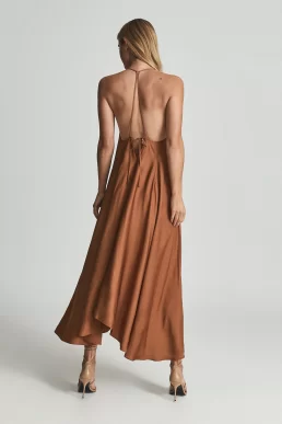 Reiss Mabel Plunge Neck Maxi Dress Caramel Brown