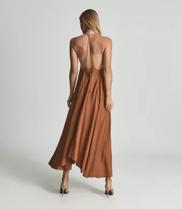 Reiss Mabel Plunge Neck Maxi Dress Caramel Brown