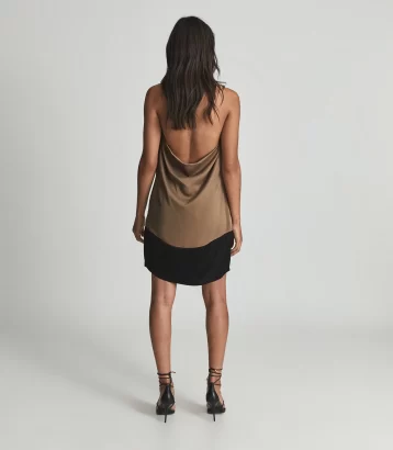 Reiss Pascal Halterneck Satin Mini Dress Caramel Brown