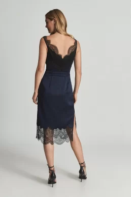 Reiss Tori Lace Trimmed Satin midi dress Navy Blue