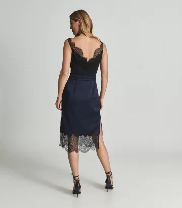 Reiss Tori Lace Trimmed Satin midi dress Navy Blue