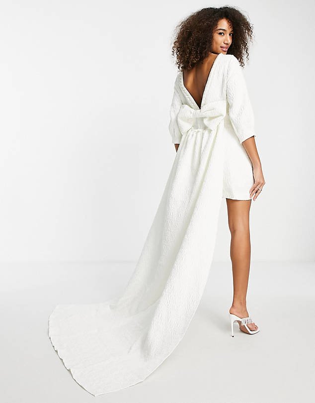 Chiffon Beach Wedding Dress Puff Sleeve Vintage Bride Dress V Neck Boh –  Okdresses
