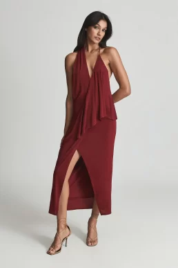 Reiss Xena Strappy Open Back Cocktail Dress Dark Red